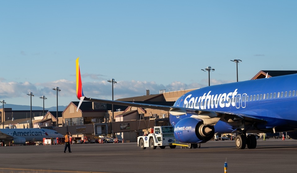 Southwest Airlines on ramp with tug 