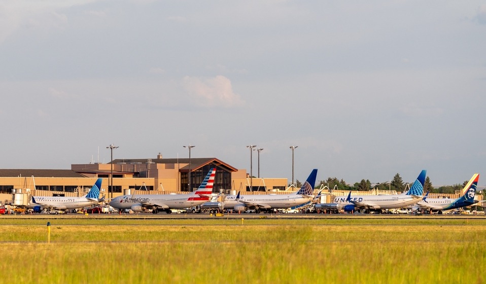 aircraft tails parked at gates 